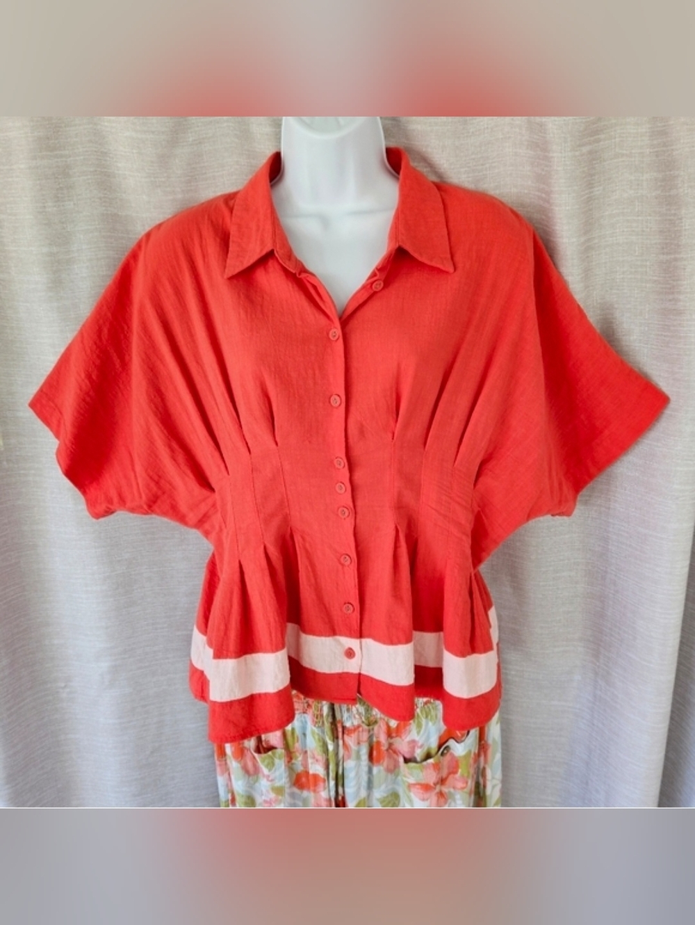 Women's UMGEE Dolman Sleeve Coral Button-Up Peplum 100% Cotton Top